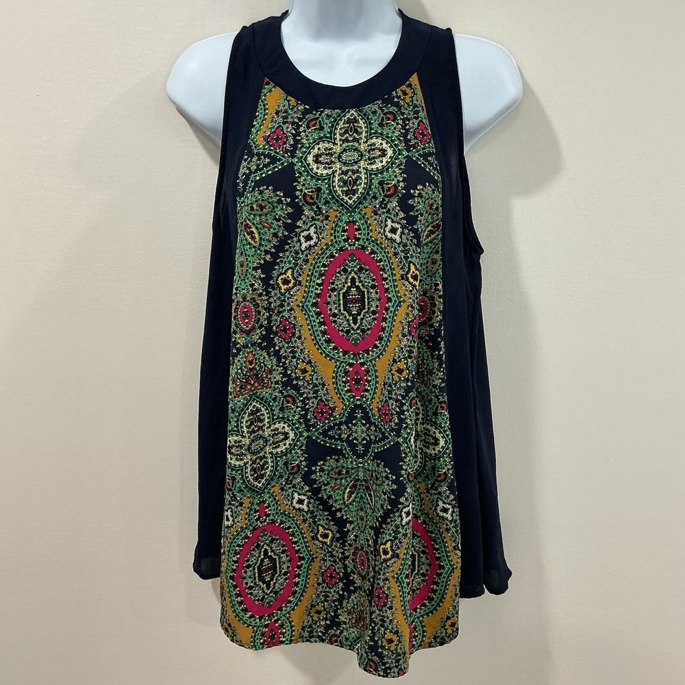 Blue Rain Sleeveless Medallion Tank Top Size Large Bohemian Flowy Made In USA